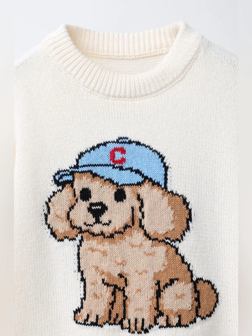 ZARA Girls Dog Knit Sweater Cream Size 9-10Y 140 Cute Puppy Graphic Pullover NWT